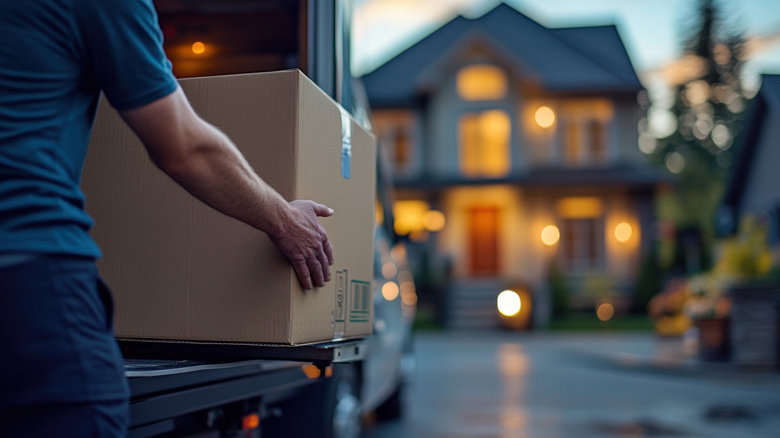 A person loading a large box from a delivery truck to a house, set against a soft evening light, portraying a moment of delivery in a serene neighborhood