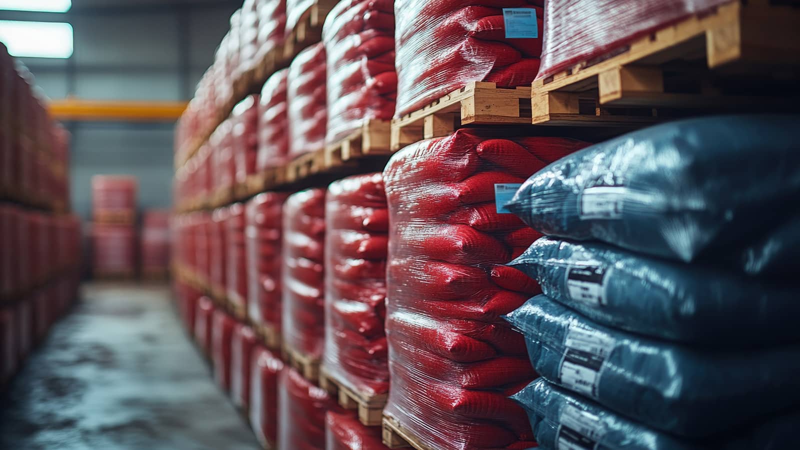 Pallets filled with various types of animal feed stacked in an indoor storage facility