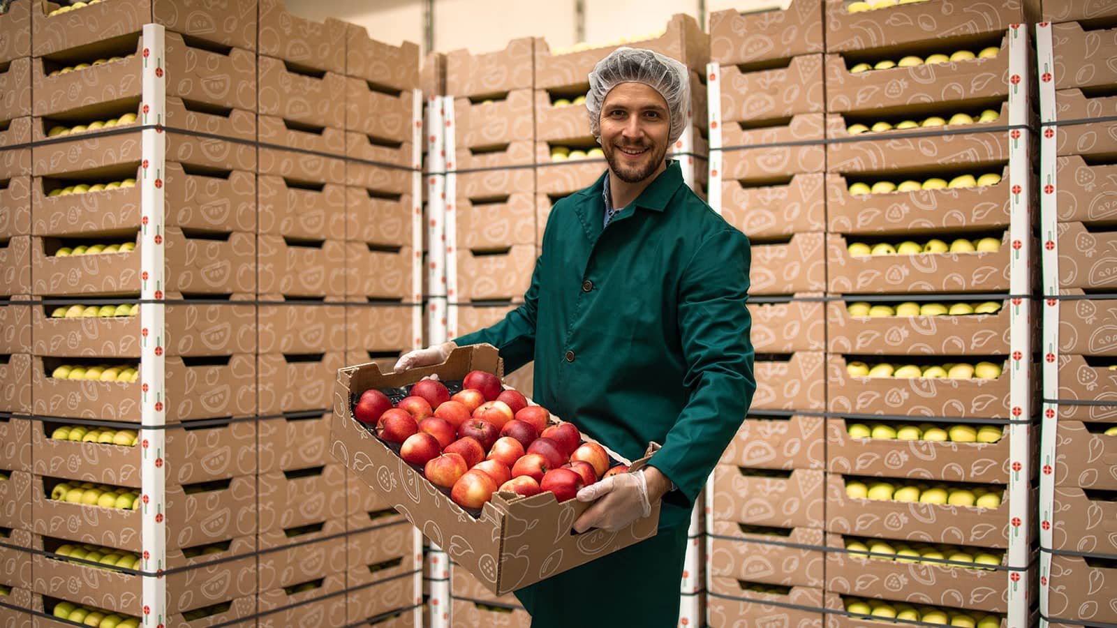 Portrait of worker holding crate full of red apples in organic food factory warehouse Portrait of worker holding crate full of red apples in organic food factory warehouse