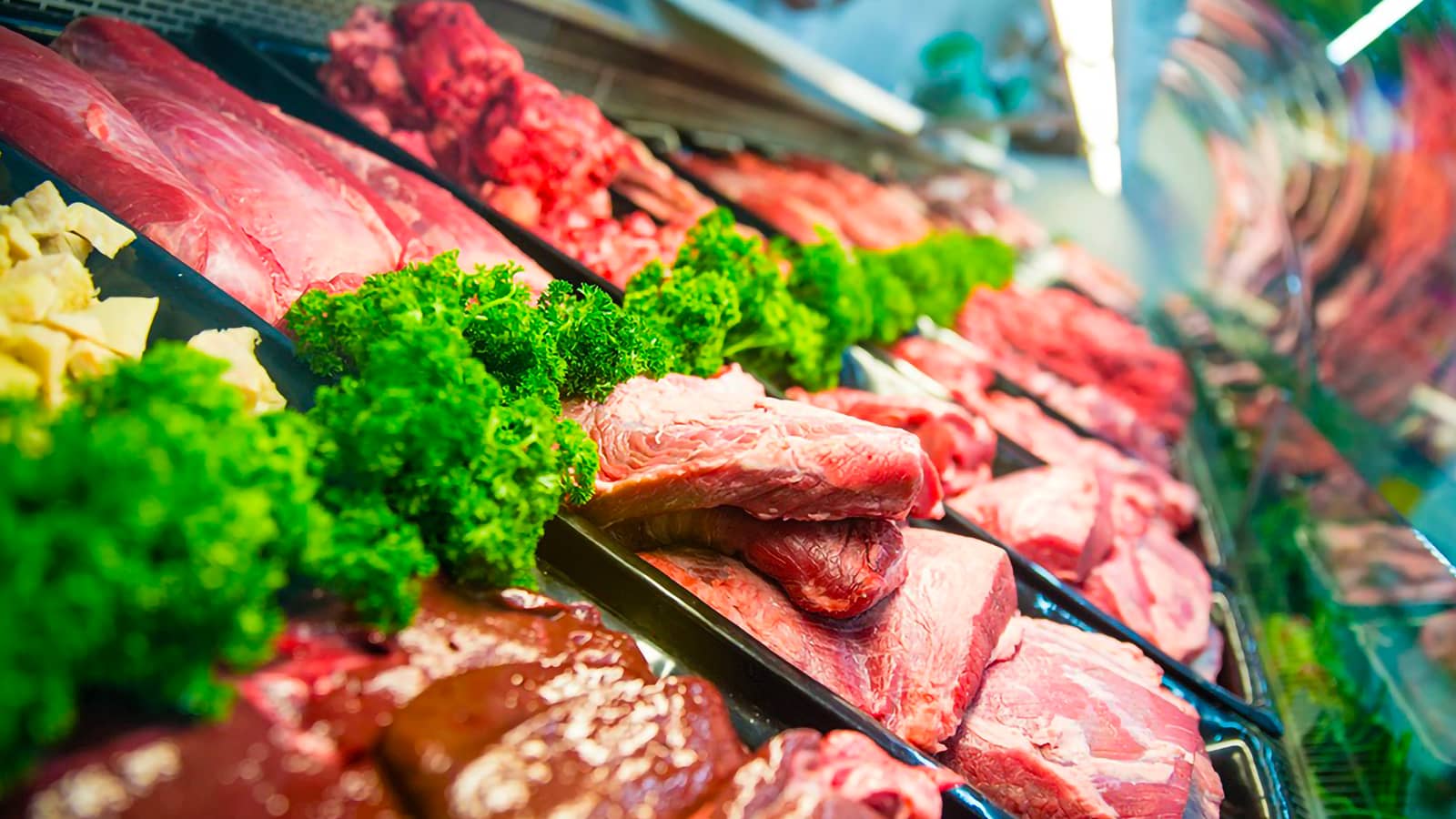 Meat showcase of supermarket Meat showcase of supermarket