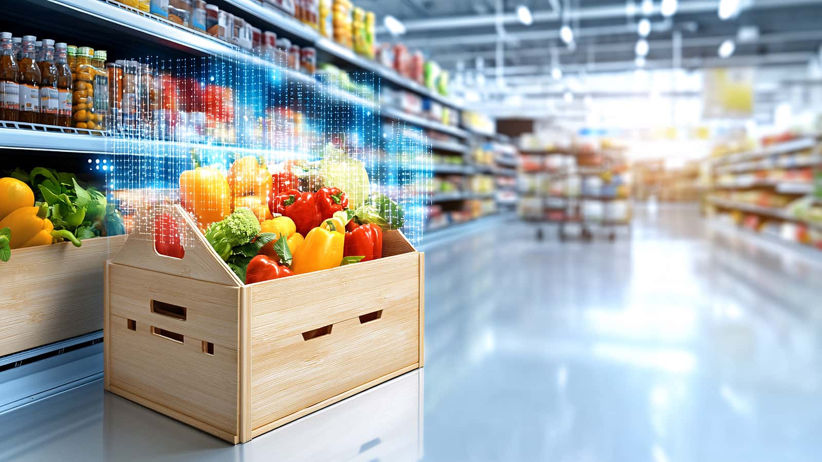 Grocery store aisle demonstrating fresh fulfillment